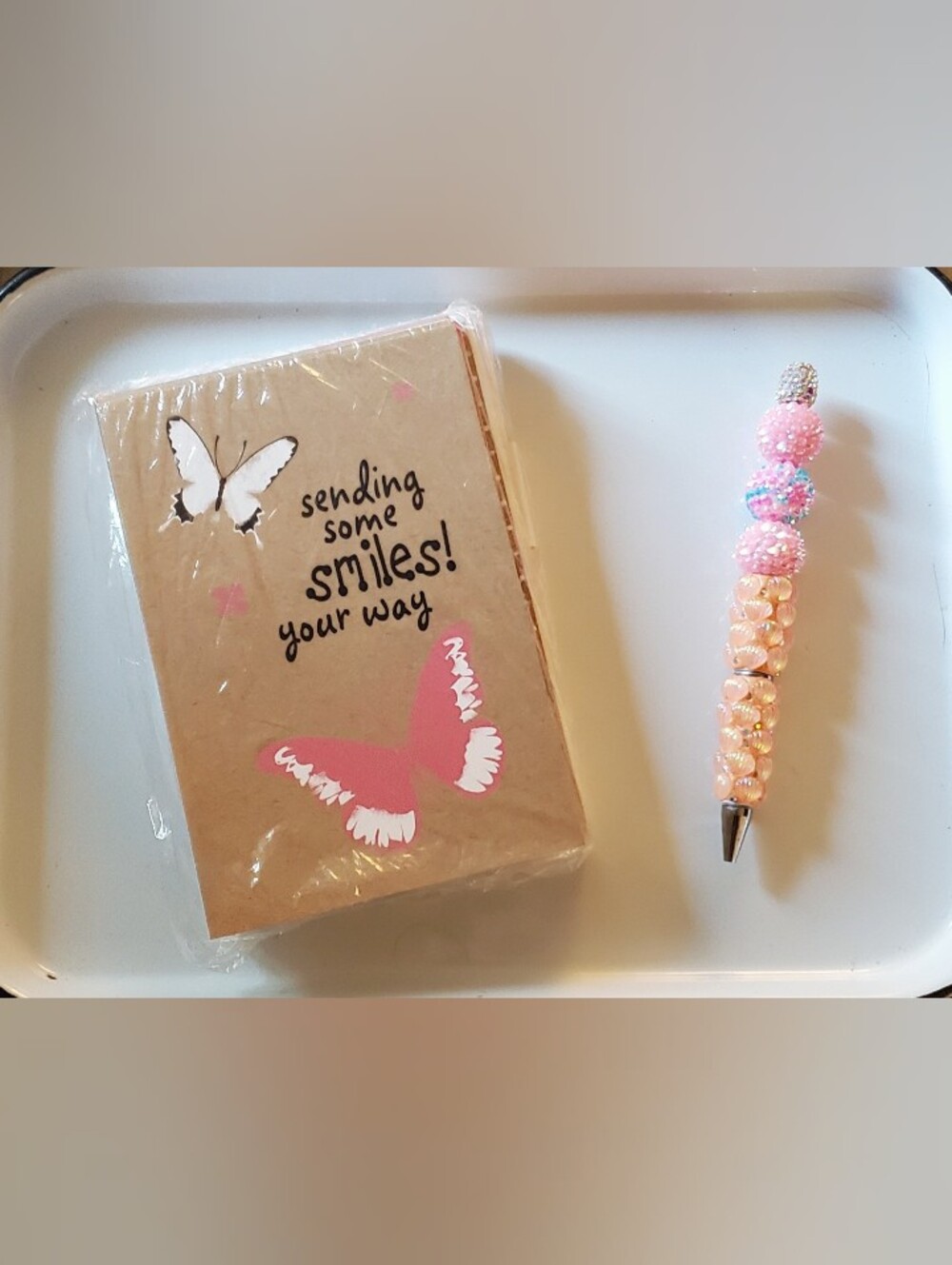Pink Butterfly Greeting Cards with Handmade Pink Beaded Pen Gel Pen.